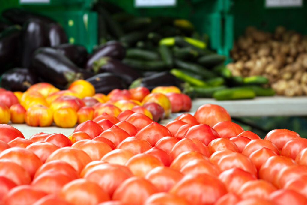 fresh yellow and red organic heirloom tomatoes along with beefsteak varieties shallow depth of field Btf7APRHj