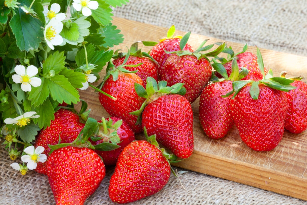 strawberries on wooden table
