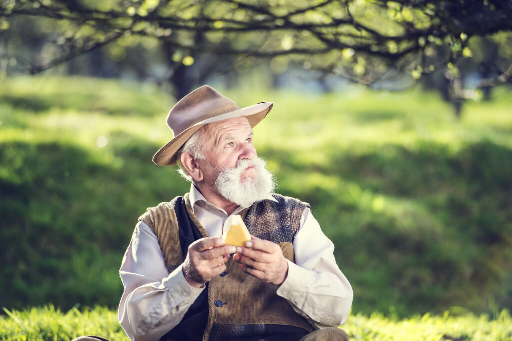 graphicstock senior farmer with organic cheese outside in green nature HAl052c6
